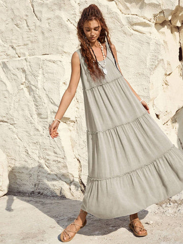 Vacation Women's Summer Solid Color Multi-Layered Ruffle Edge Sleeveless Long Dress