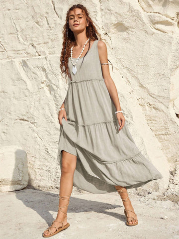 Vacation Women's Summer Solid Color Multi-Layered Ruffle Edge Sleeveless Long Dress