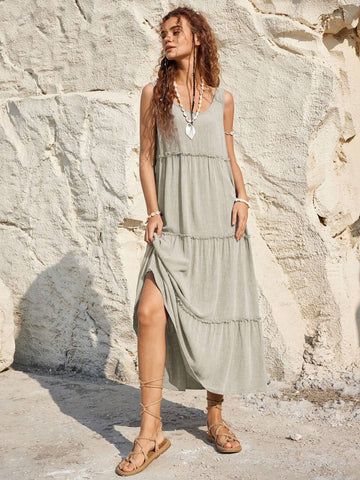 Vacation Women's Summer Solid Color Multi-Layered Ruffle Edge Sleeveless Long Dress