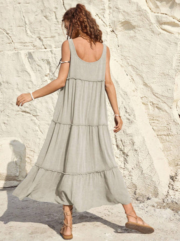 Vacation Women's Summer Solid Color Multi-Layered Ruffle Edge Sleeveless Long Dress