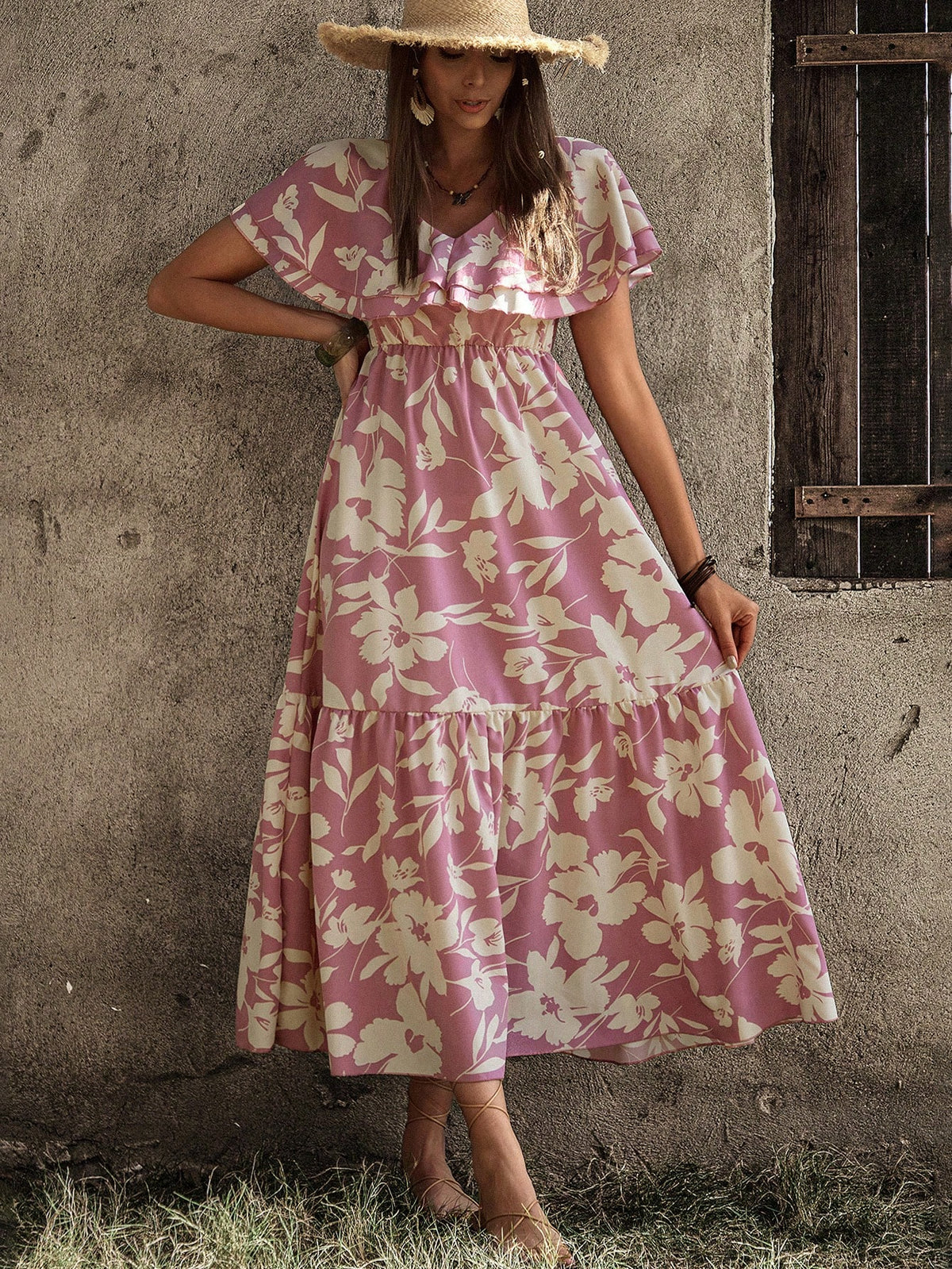 BohoFeels Women'S Floral Print Ruffle Hem Dress