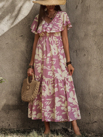 BohoFeels Women'S Floral Print Ruffle Hem Dress