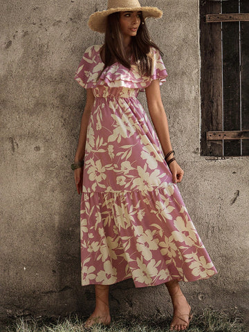 BohoFeels Women'S Floral Print Ruffle Hem Dress