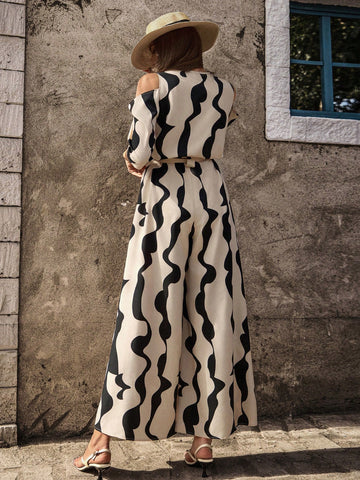 Women'S Full-Printed Half-Zip Off-Shoulder Wide-Leg Jumpsuit With Collar