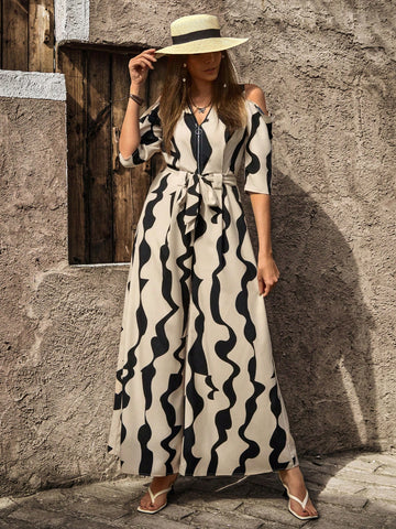 Women'S Full-Printed Half-Zip Off-Shoulder Wide-Leg Jumpsuit With Collar