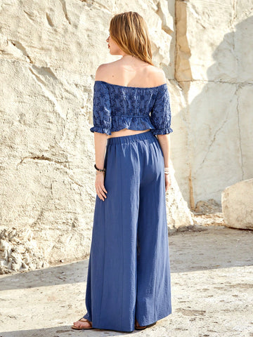 Women'S Off Shoulder Hollow Out Embroidered Top And Pants Two Piece Set