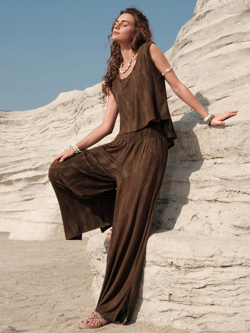 Women'S Pure Color Vest & Loose Pants 2pcs Set