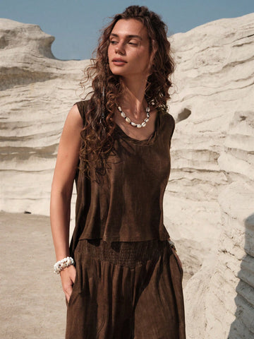 Women'S Pure Color Vest & Loose Pants 2pcs Set