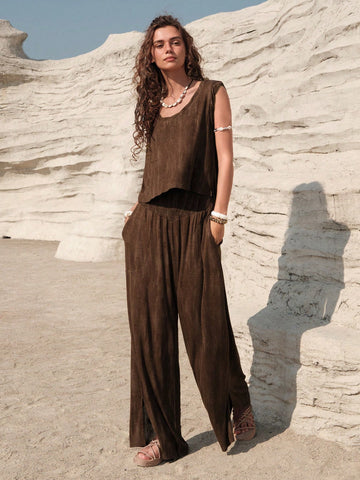Women'S Pure Color Vest & Loose Pants 2pcs Set