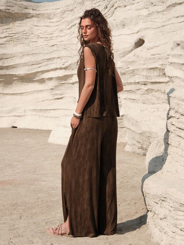 Women'S Pure Color Vest & Loose Pants 2pcs Set