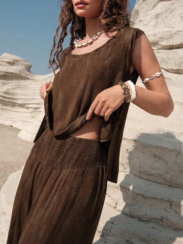 Women'S Pure Color Vest & Loose Pants 2pcs Set