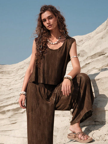 Women'S Pure Color Vest & Loose Pants 2pcs Set