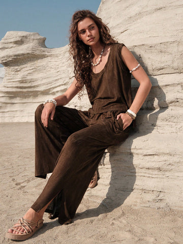 Women'S Pure Color Vest & Loose Pants 2pcs Set