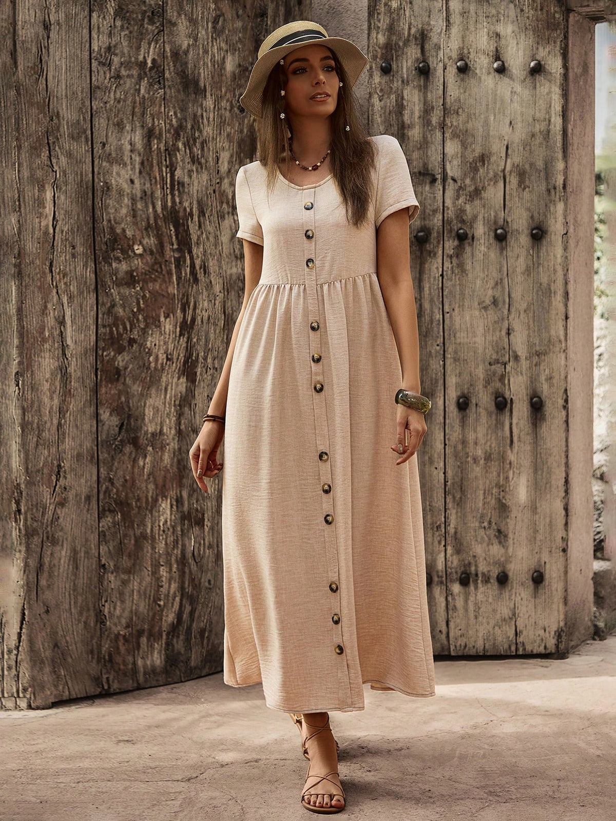 BohoFeels Women'S Short Sleeve Button Up Element Dress