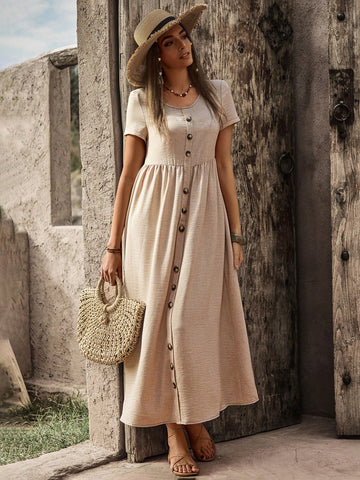 BohoFeels Women'S Short Sleeve Button Up Element Dress