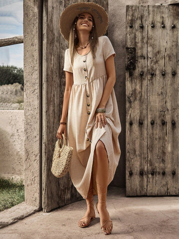 BohoFeels Women'S Short Sleeve Button Up Element Dress