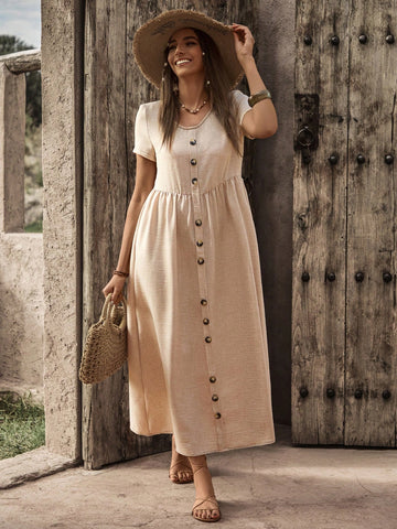 BohoFeels Women'S Short Sleeve Button Up Element Dress