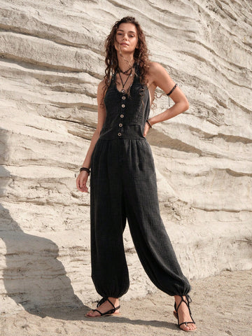 Women'S Solid Color Backless Halter Jumpsuit