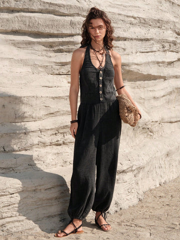 Women'S Solid Color Backless Halter Jumpsuit
