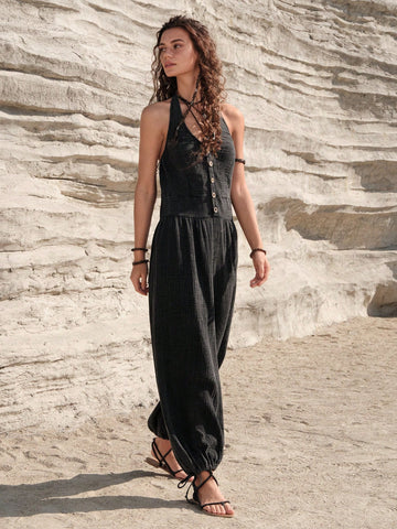 Women'S Solid Color Backless Halter Jumpsuit
