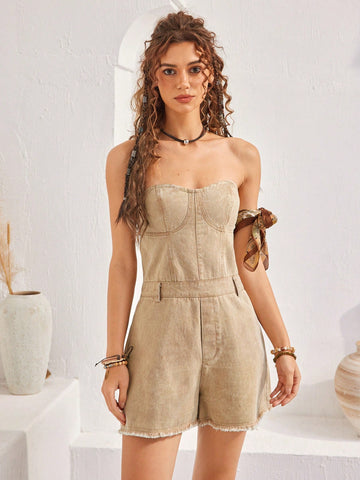 Women'S Strapless Jumpsuit With Fringe Hem