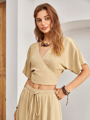 Women'S Wrap Dolman Sleeve Top And Shorts Two-Piece Set