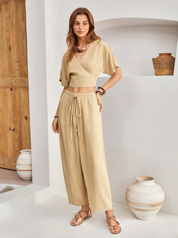 Women'S Wrap Dolman Sleeve Top And Shorts Two-Piece Set