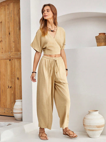 Women'S Wrap Dolman Sleeve Top And Shorts Two-Piece Set