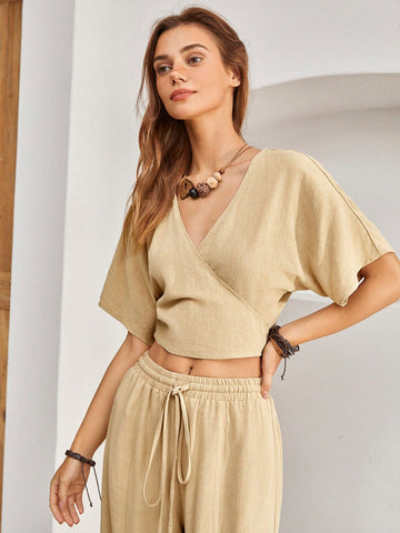 Women'S Wrap Dolman Sleeve Top And Shorts Two-Piece Set