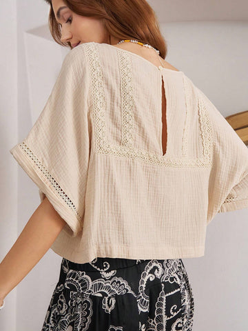 BohoFeels Women Casual Contrast Lace Textured Summer Blouse