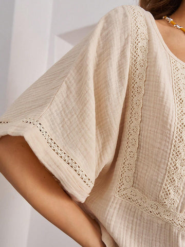 BohoFeels Women Casual Contrast Lace Textured Summer Blouse