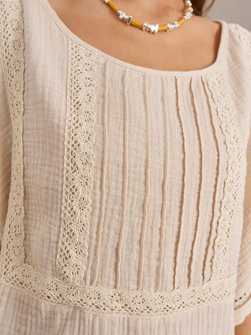 BohoFeels Women Casual Contrast Lace Textured Summer Blouse