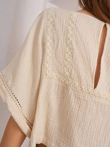 BohoFeels Women Casual Contrast Lace Textured Summer Blouse