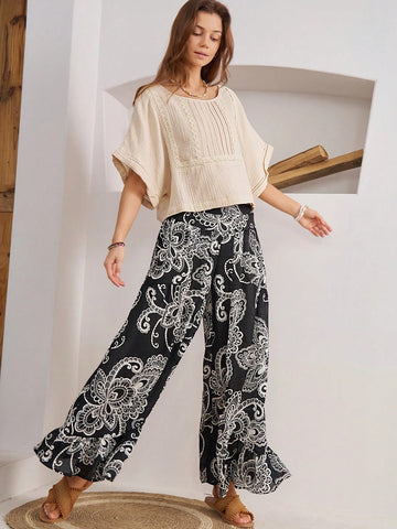 BohoFeels Women Casual Contrast Lace Textured Summer Blouse