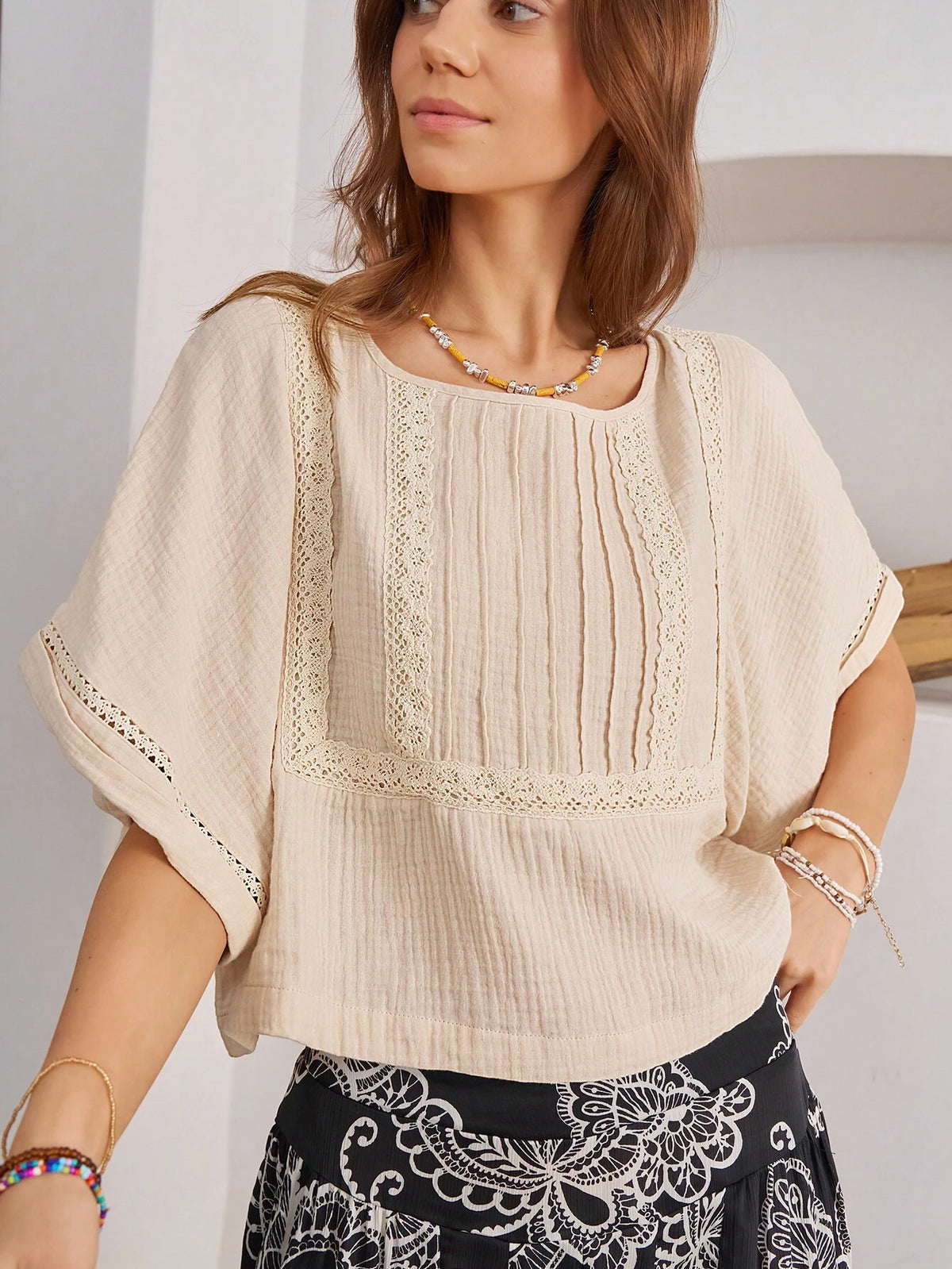 BohoFeels Women Casual Contrast Lace Textured Summer Blouse