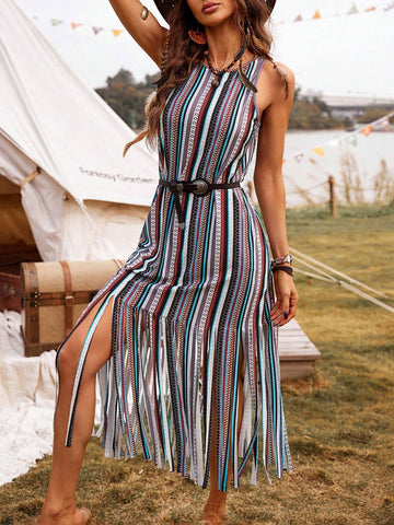Women's Bohemian Style Fringed Decorated Dress (Random Print)