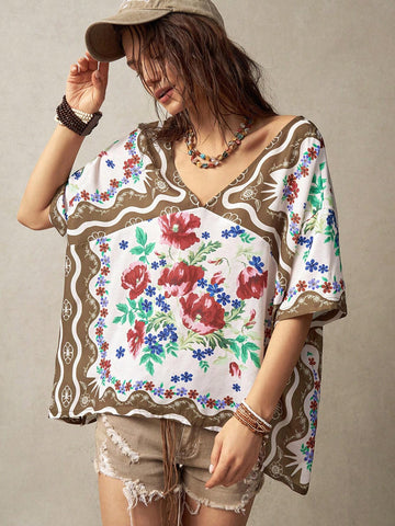 BohoFeels Women's Floral Printed V-Neck Loose Casual Shirt For Vacation
