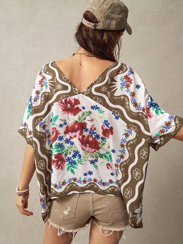BohoFeels Women's Floral Printed V-Neck Loose Casual Shirt For Vacation