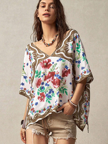 BohoFeels Women's Floral Printed V-Neck Loose Casual Shirt For Vacation