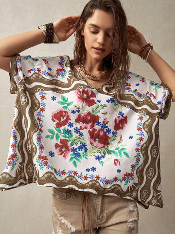 BohoFeels Women's Floral Printed V-Neck Loose Casual Shirt For Vacation