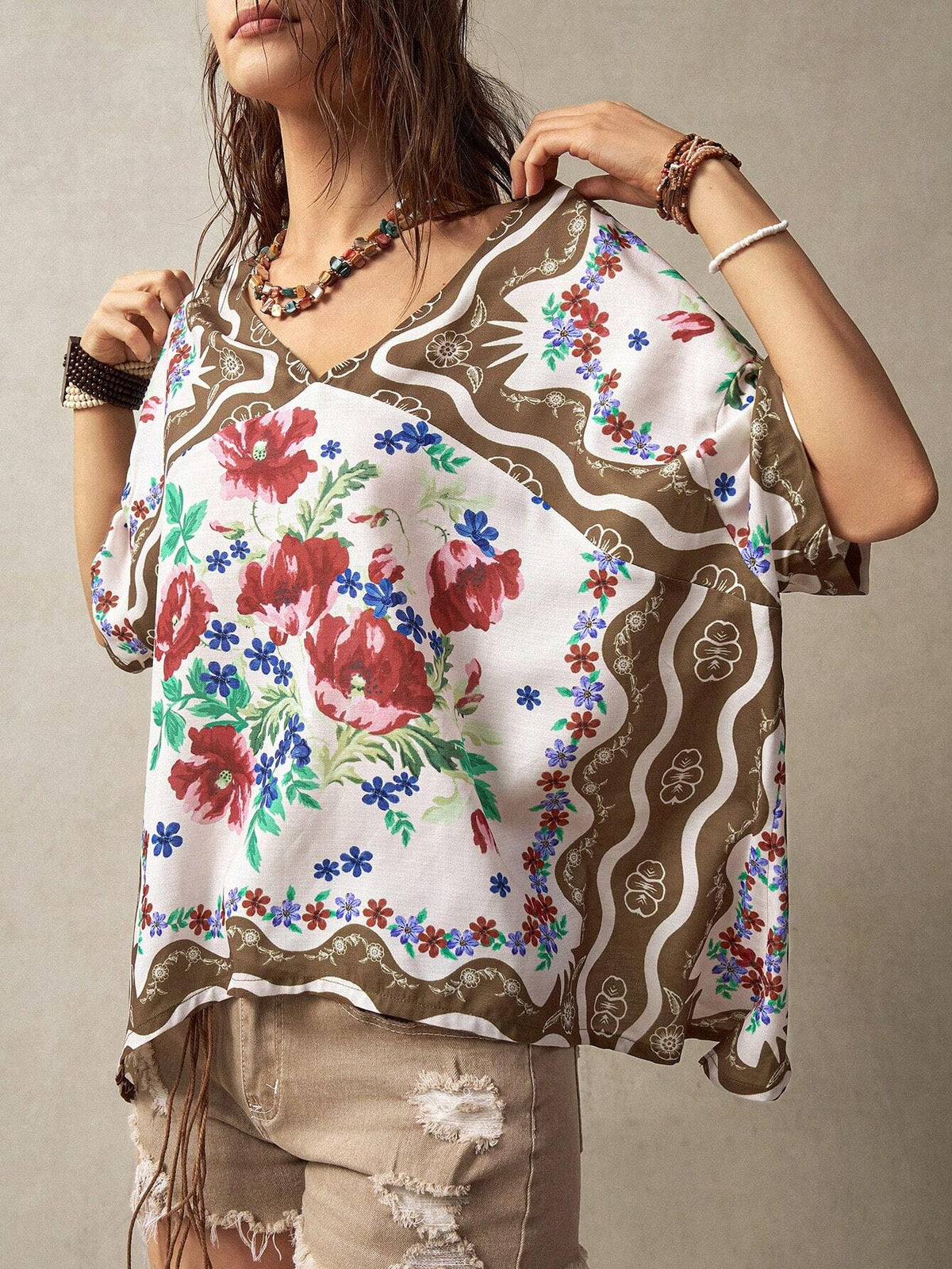 BohoFeels Women's Floral Printed V-Neck Loose Casual Shirt For Vacation