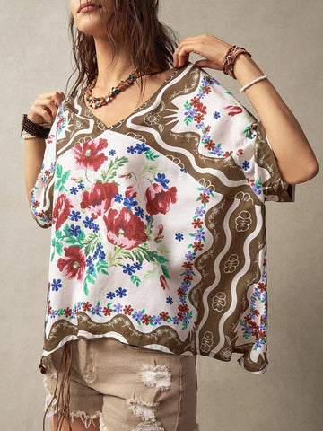 BohoFeels Women's Floral Printed V-Neck Loose Casual Shirt For Vacation