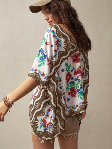 BohoFeels Women's Floral Printed V-Neck Loose Casual Shirt For Vacation