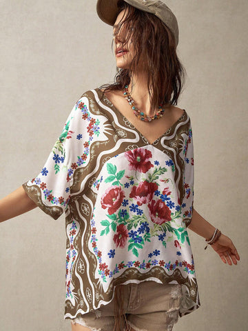 BohoFeels Women's Floral Printed V-Neck Loose Casual Shirt For Vacation