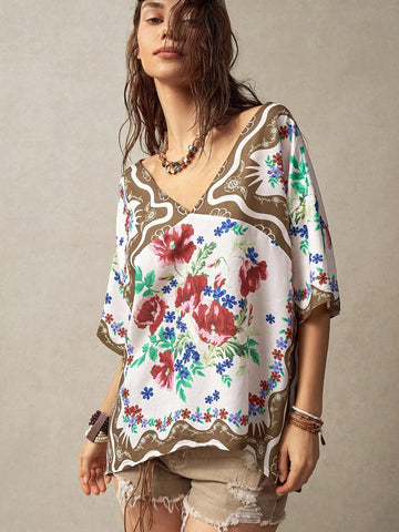 BohoFeels Women's Floral Printed V-Neck Loose Casual Shirt For Vacation