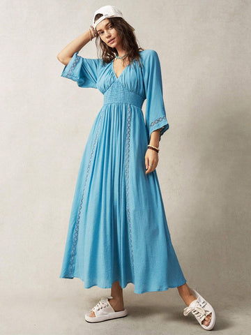 Women's Lace Splicing Vacation Dress With Waist Shirred Design
