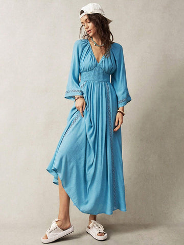 Women's Lace Splicing Vacation Dress With Waist Shirred Design