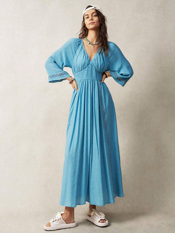 Women's Lace Splicing Vacation Dress With Waist Shirred Design
