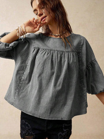 BohoFeels Women's Loose Green Vacation Theme Puff Sleeve Blouse