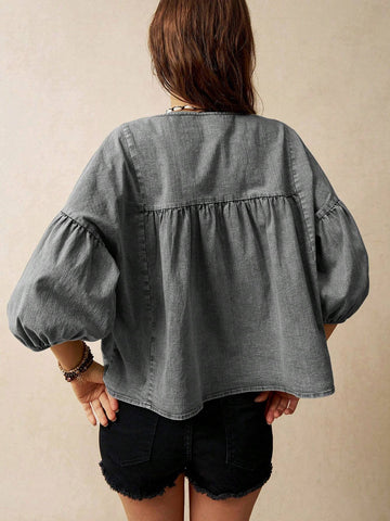 BohoFeels Women's Loose Green Vacation Theme Puff Sleeve Blouse